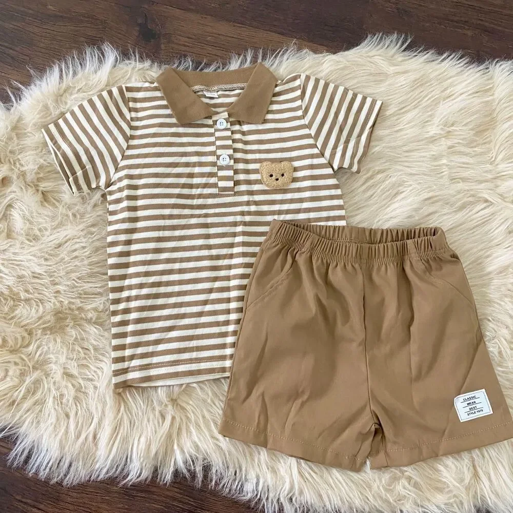 New Tan Brown Polo Shirt & Shorts Toddler Teddy Bear Set Size 2Y - 3Y
